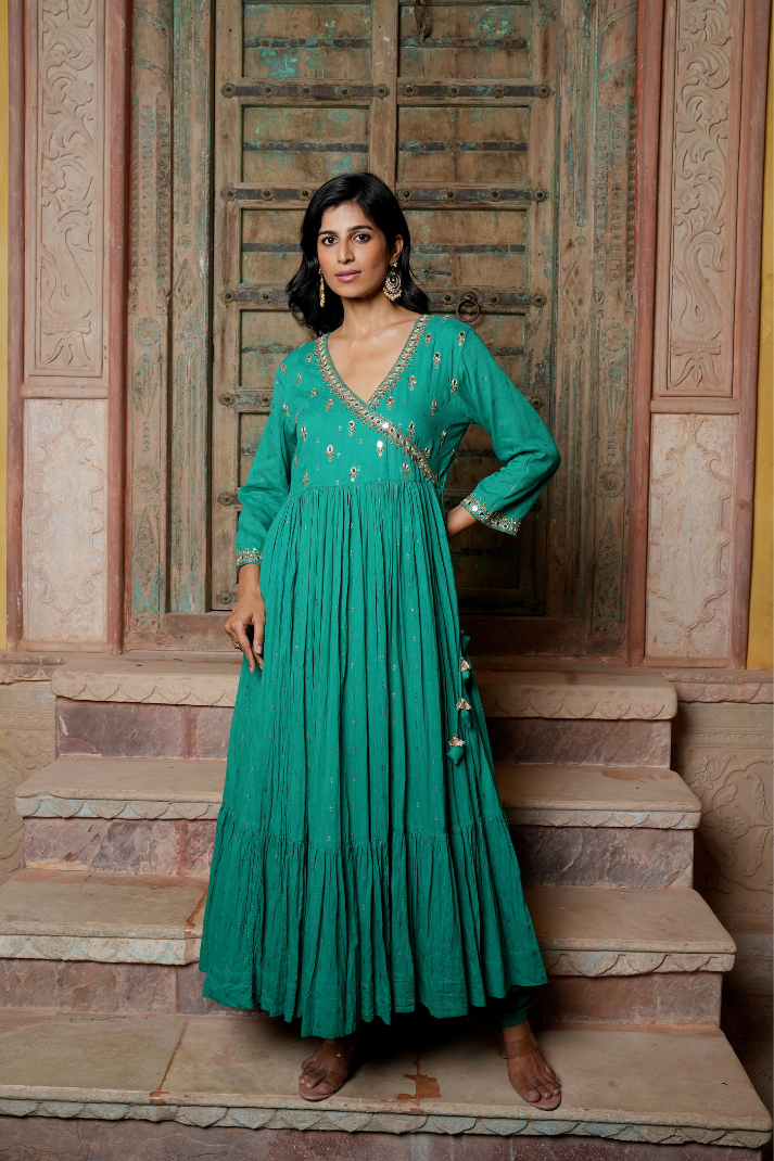 peacock green anarkali dress Plus Size Peacock Green Georgette Anarkali Lehenga Set – Ghevar main image 0