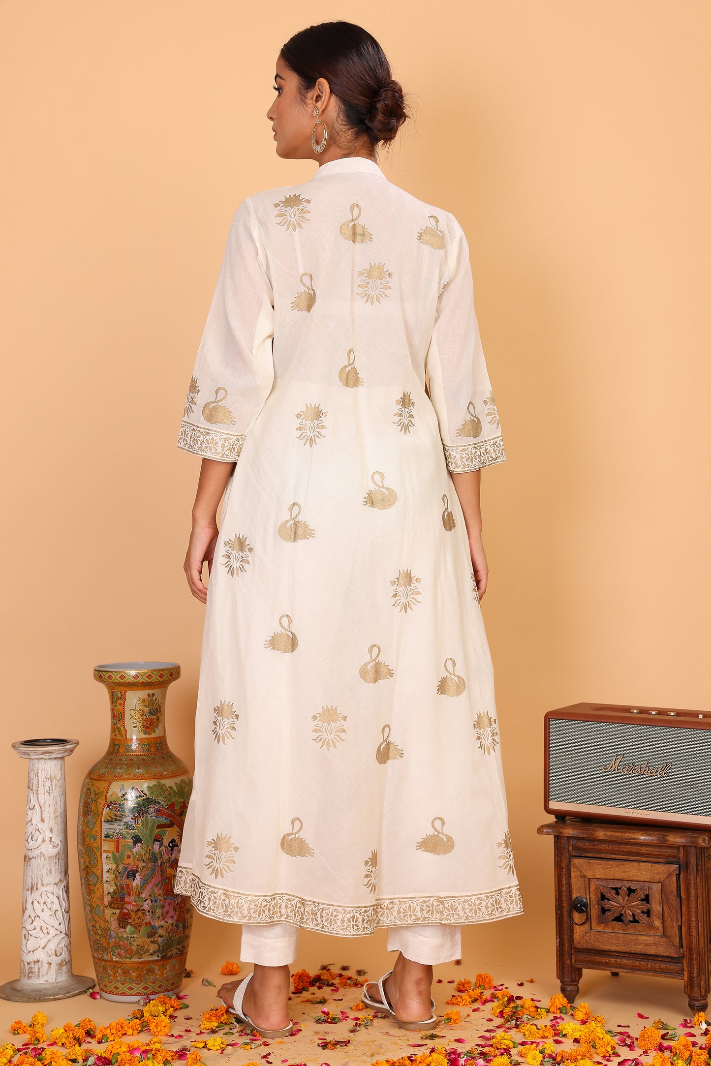 Off white kurta with hand block print in golden