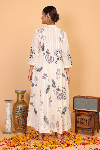 Kalidaar off white kurta with hand block print