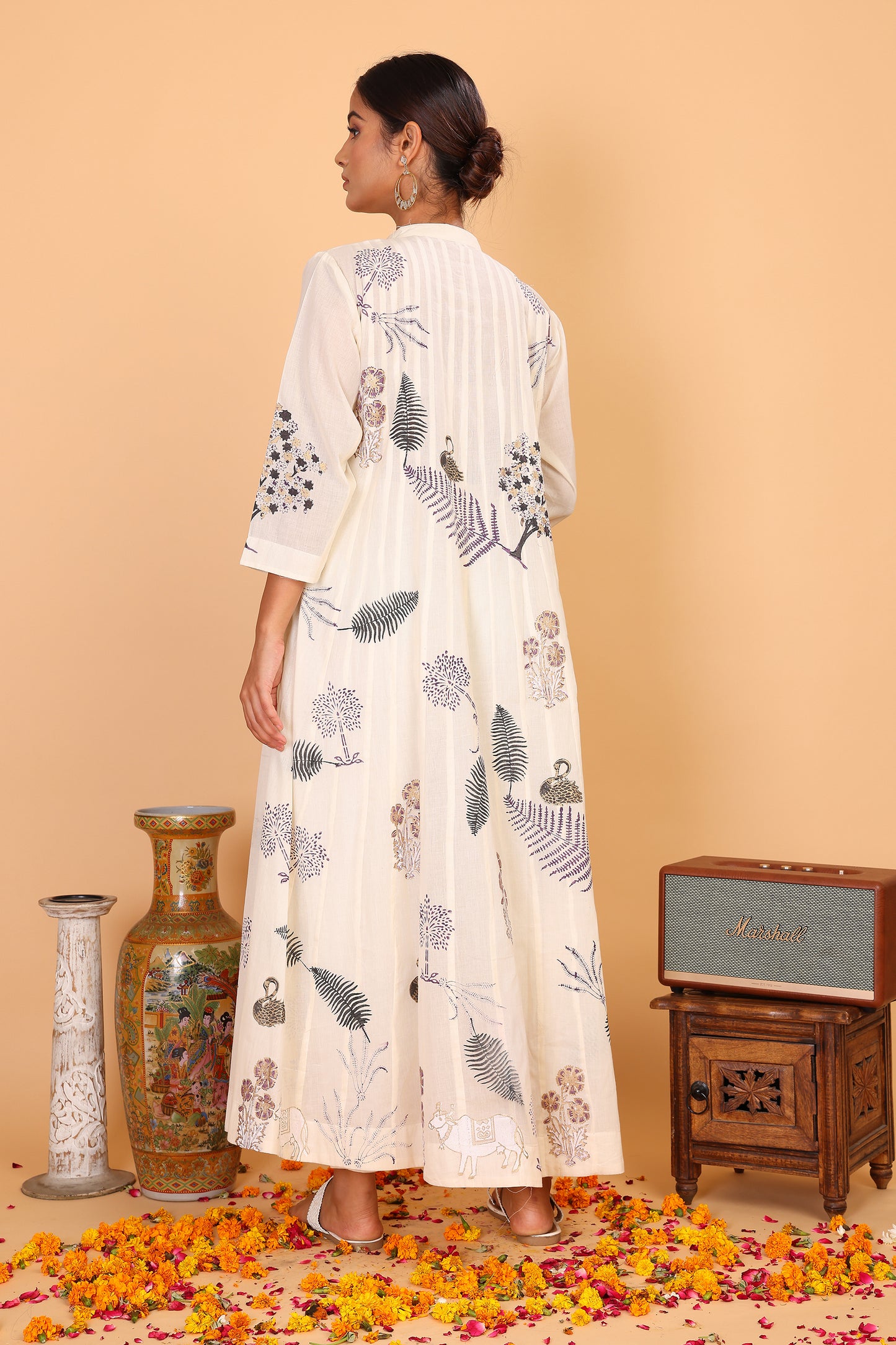 Kalidaar off white kurta with hand block print