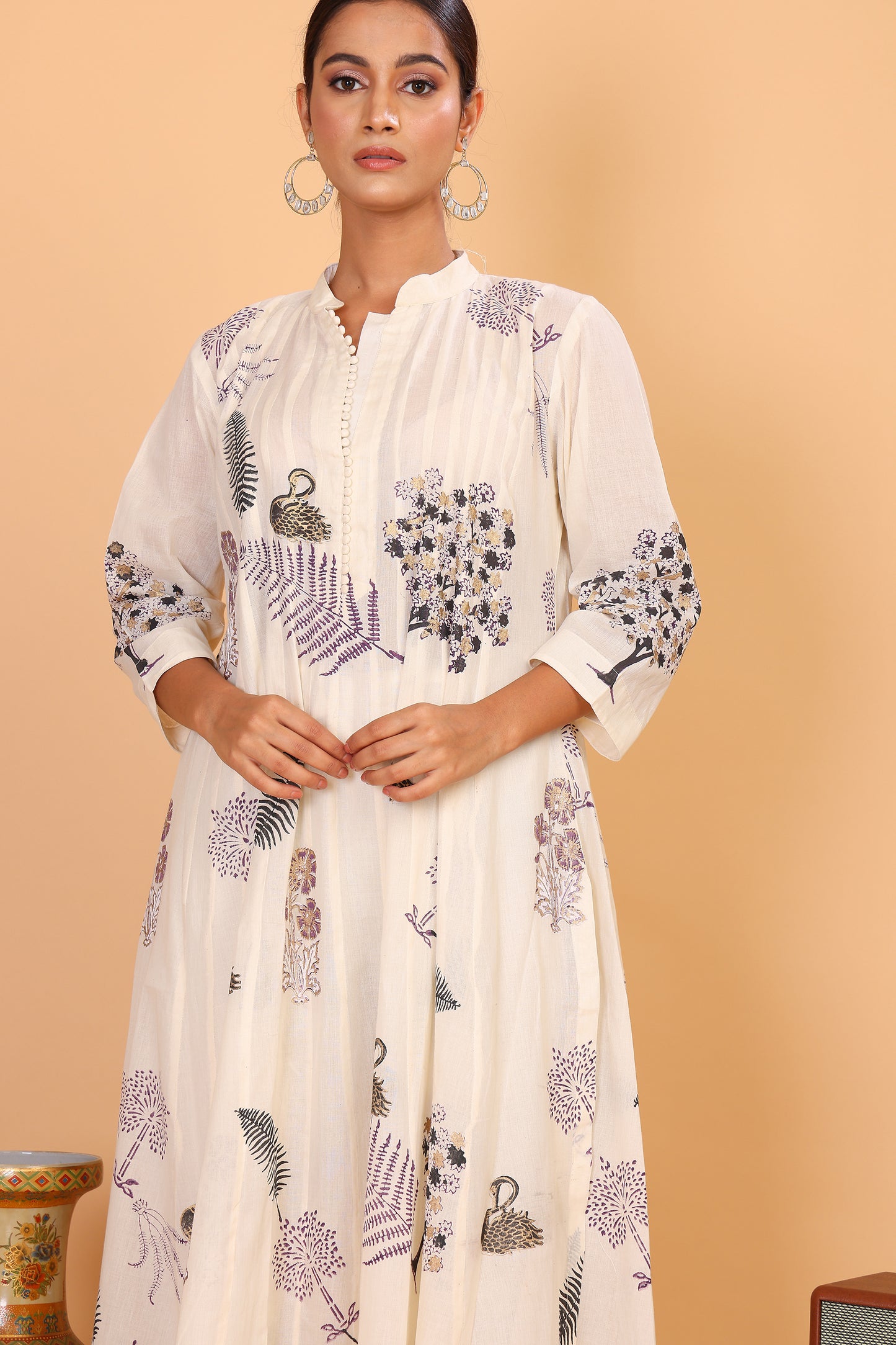 Kalidaar off white kurta with hand block print