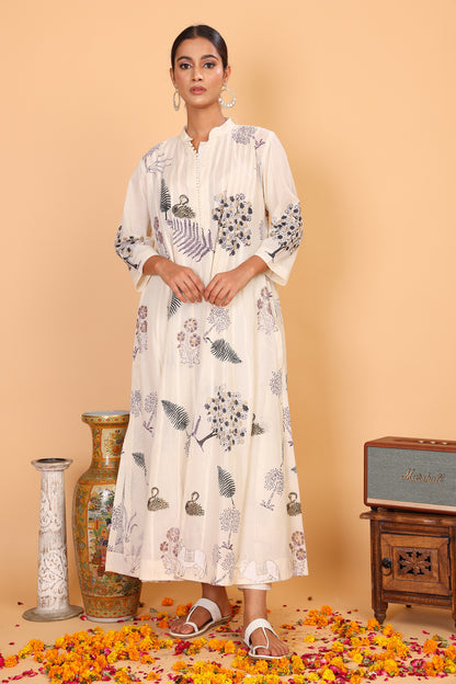 Kalidaar off white kurta with hand block print