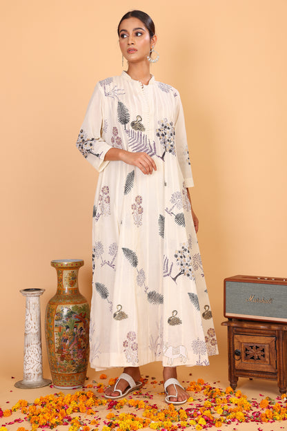 Kalidaar off white kurta with hand block print