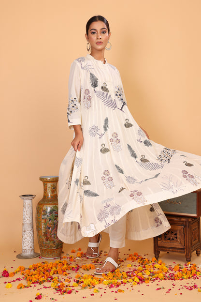 Kalidaar off white kurta with hand block print