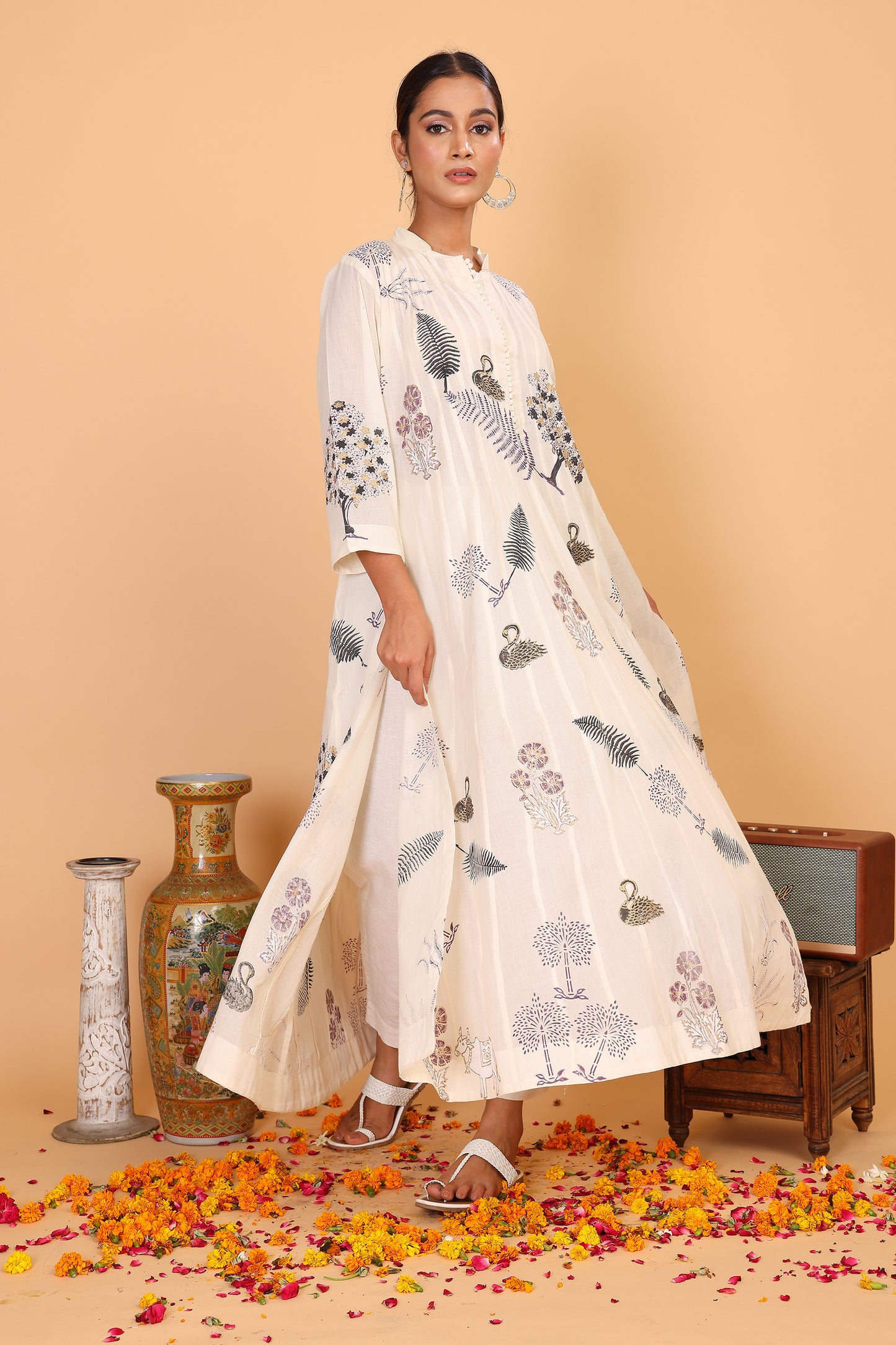 Kalidaar off white kurta with hand block print