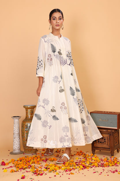 Kalidaar off white kurta with hand block print