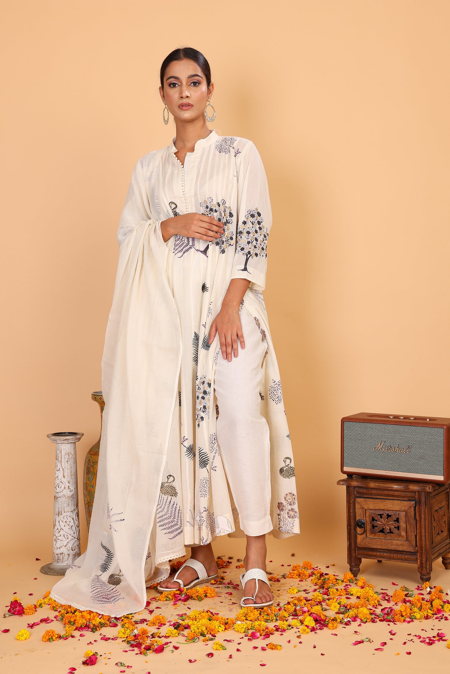 Kalidaar off white kurta with hand block print