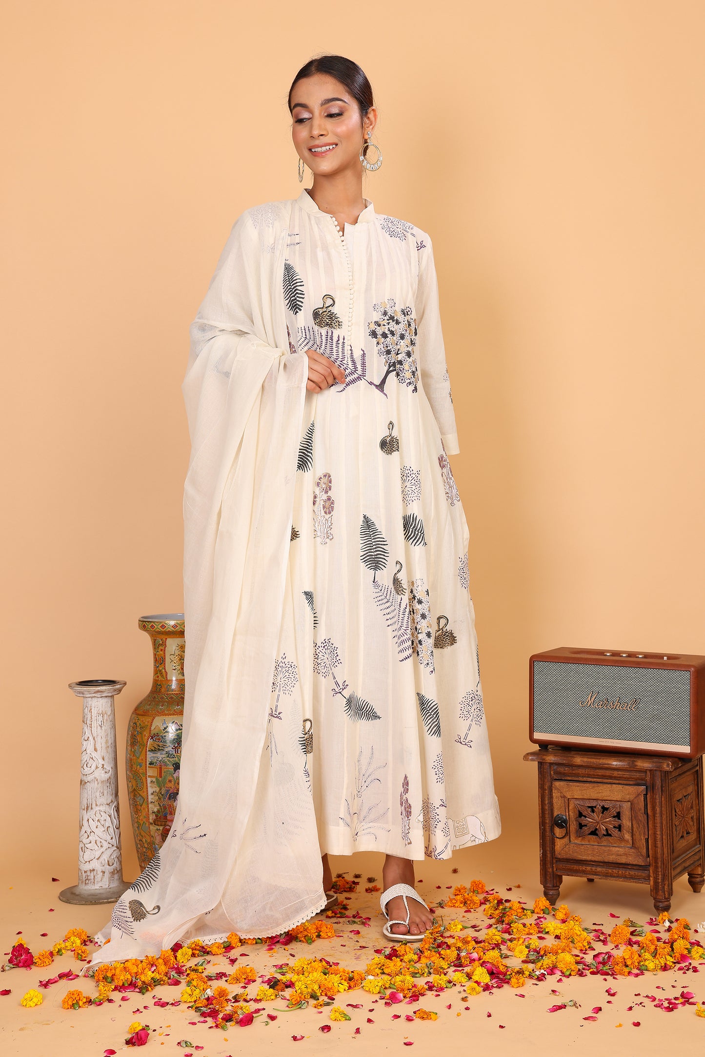 Kalidaar off white kurta with hand block print