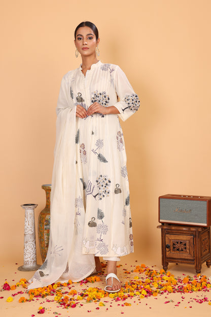 Kalidaar off white kurta with hand block print