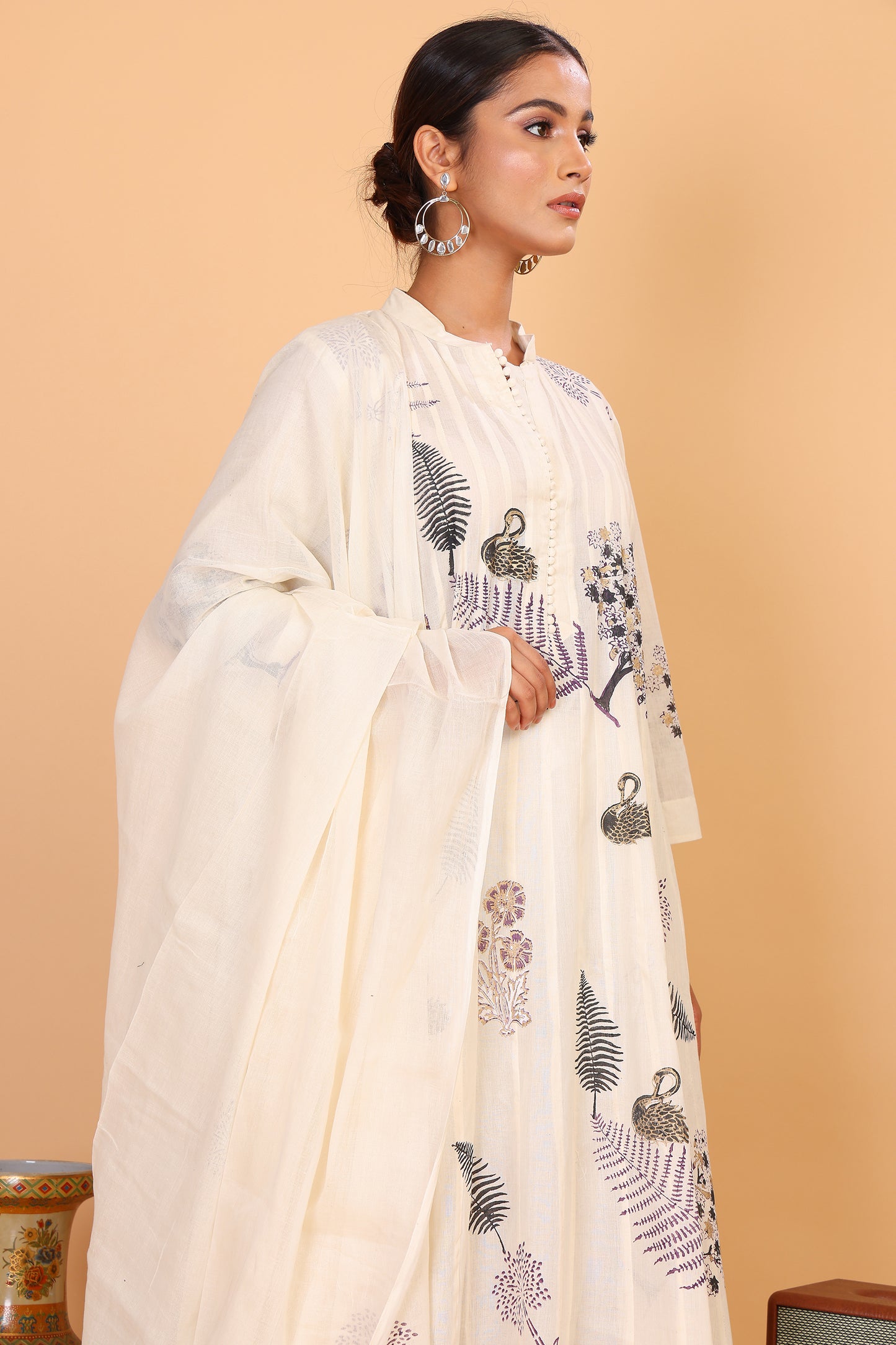 Kalidaar off white kurta with hand block print