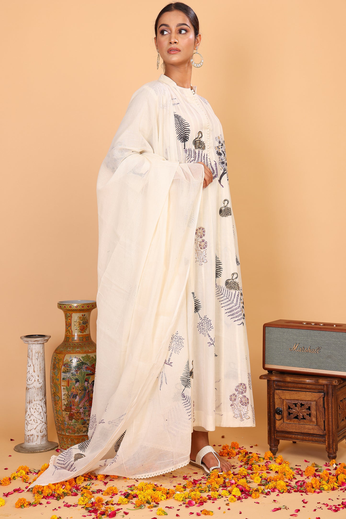 Kalidaar off white kurta with hand block print