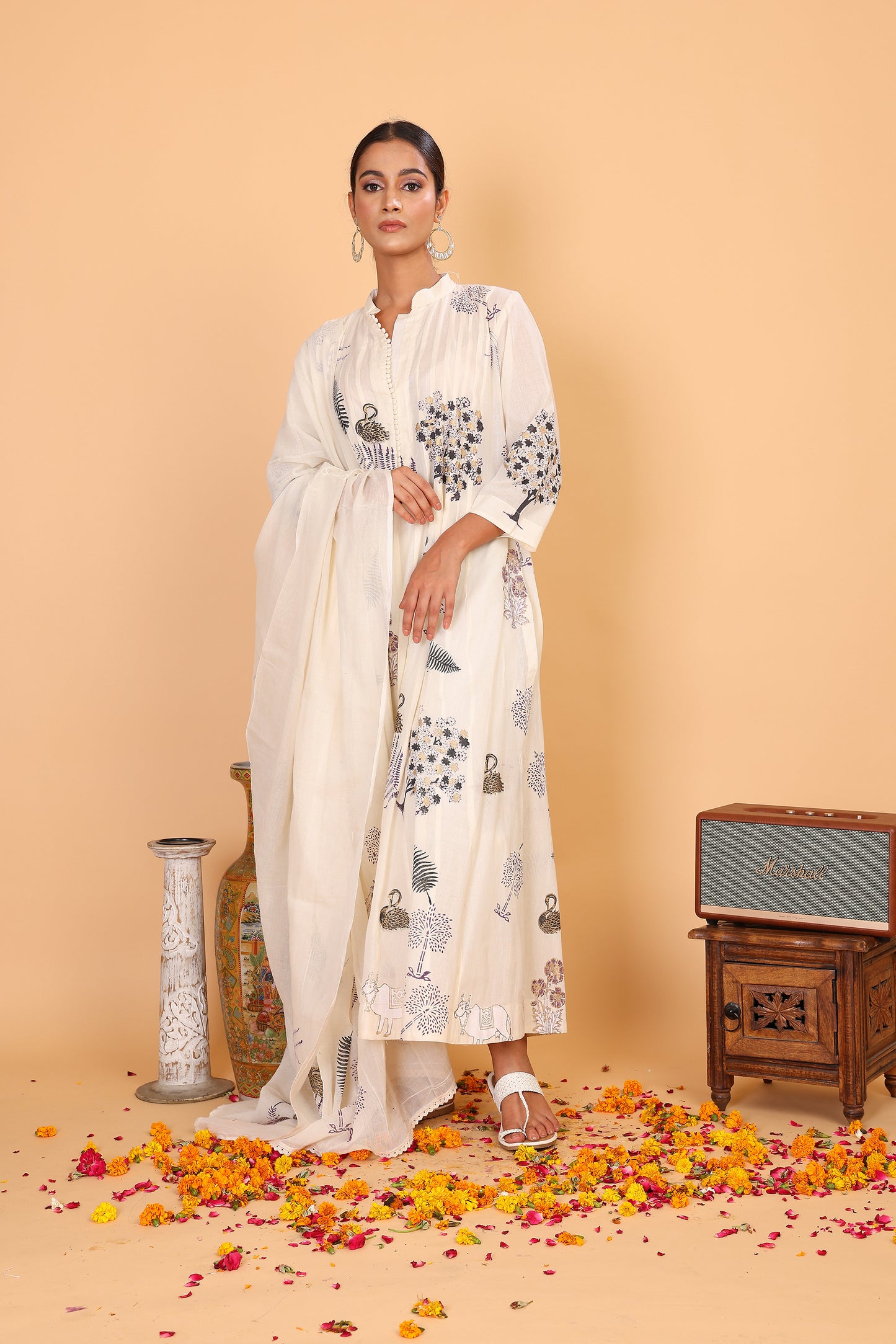 Kalidaar off white kurta with hand block print