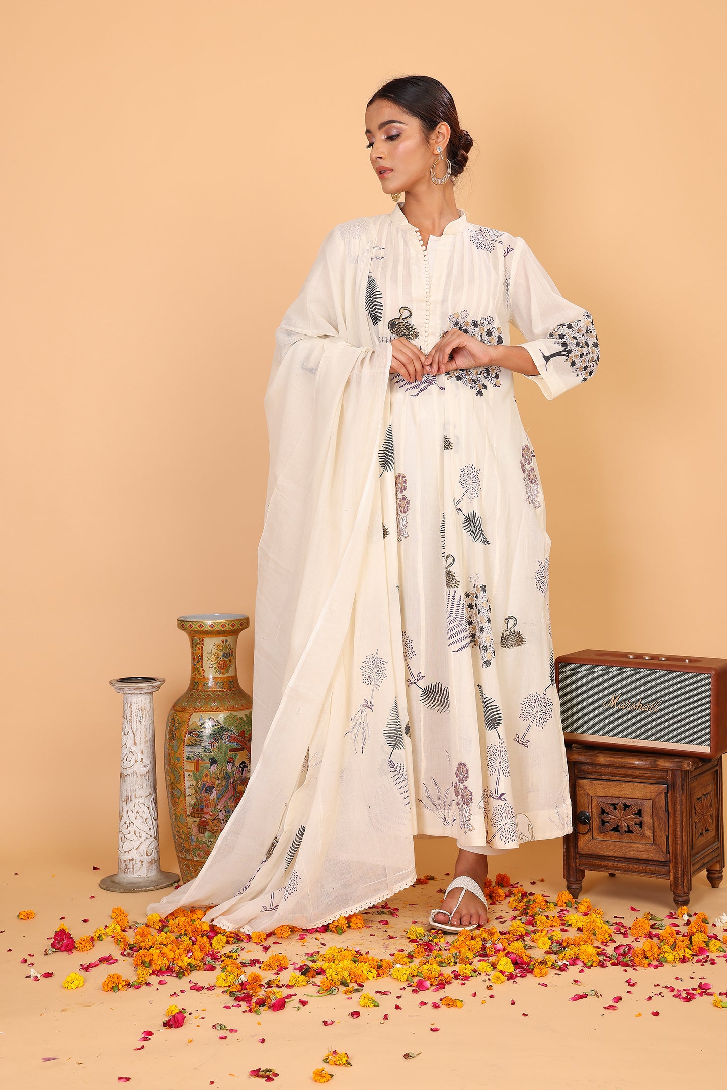 Kalidaar off white kurta with hand block print