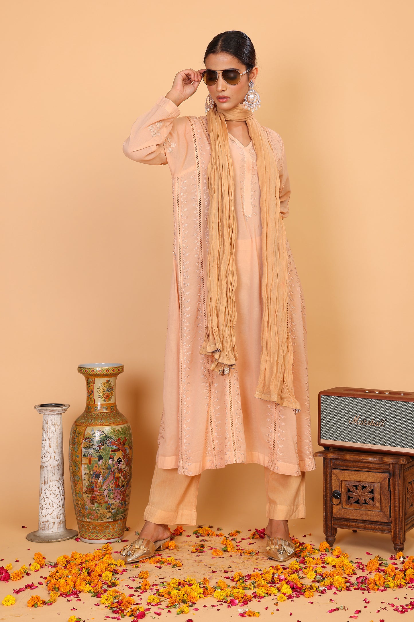 Peach anarkali with tonal embroidery with pallazo