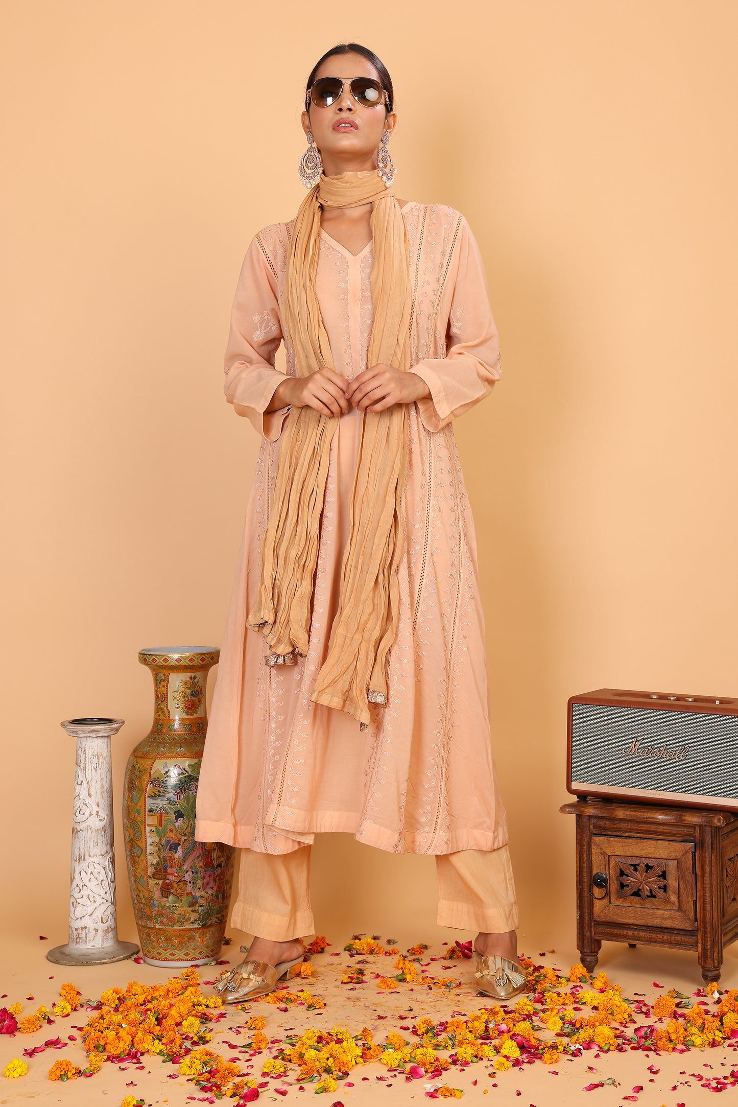 Peach anarkali with tonal embroidery with pallazo