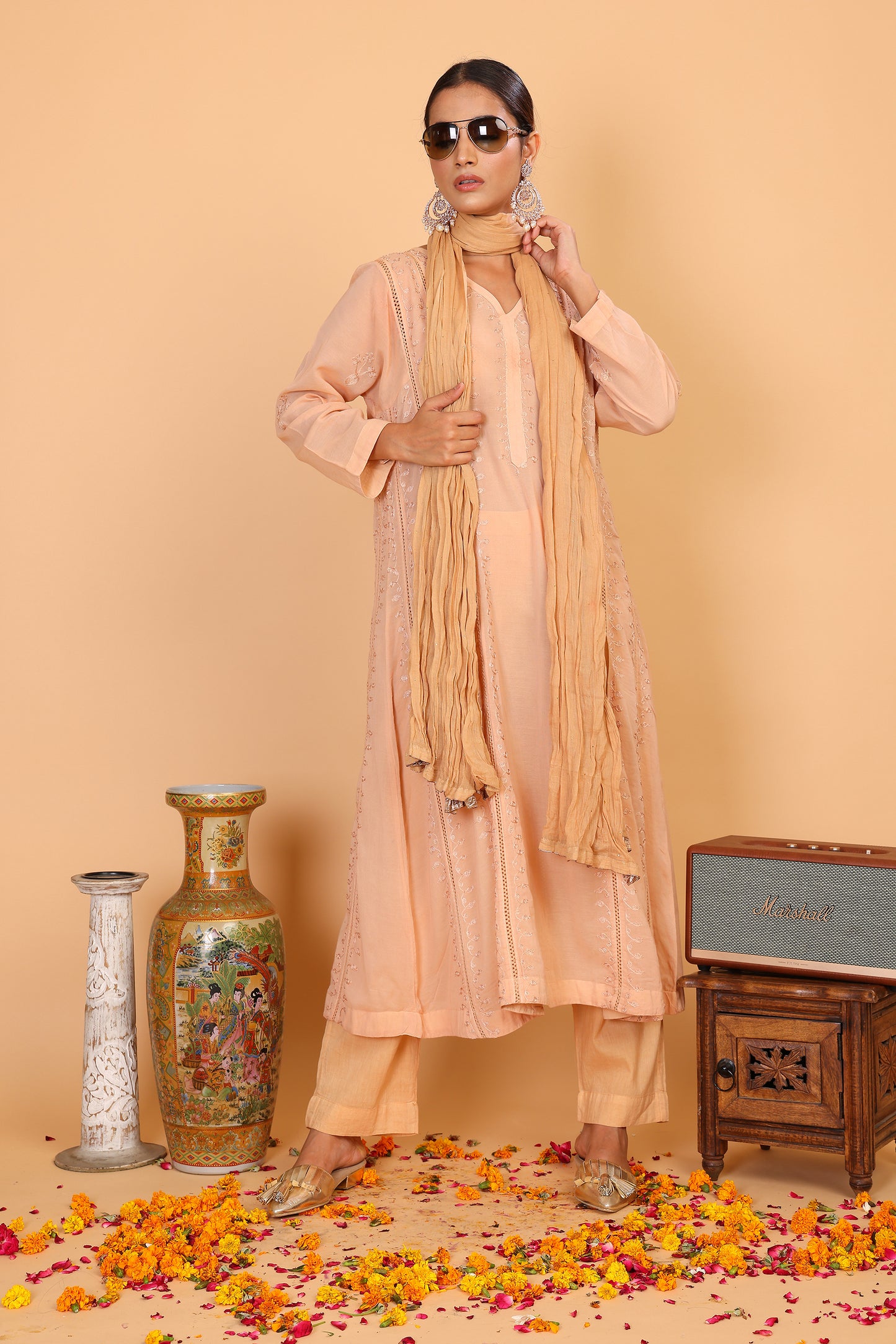 Peach anarkali with tonal embroidery with pallazo