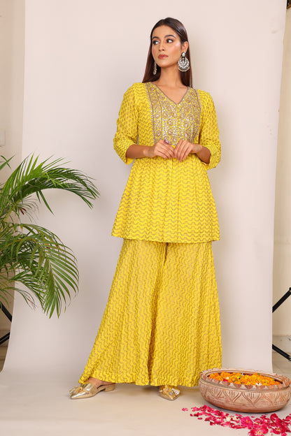 Yellow co-ord with kundan embroidery