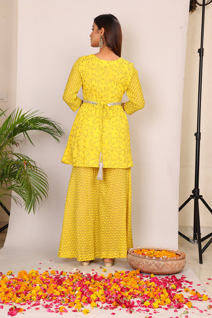 Yellow hand block co-ord with belt embroidery