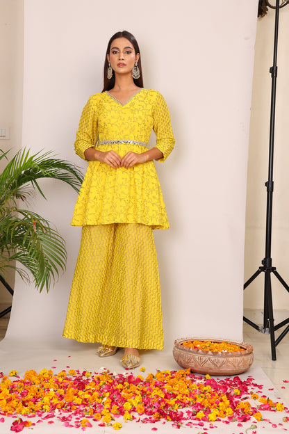 Yellow hand block co-ord with belt embroidery