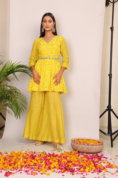 Yellow hand block co-ord with belt embroidery