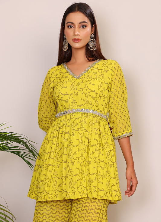 Lime hand block co-ord with belt embroidery