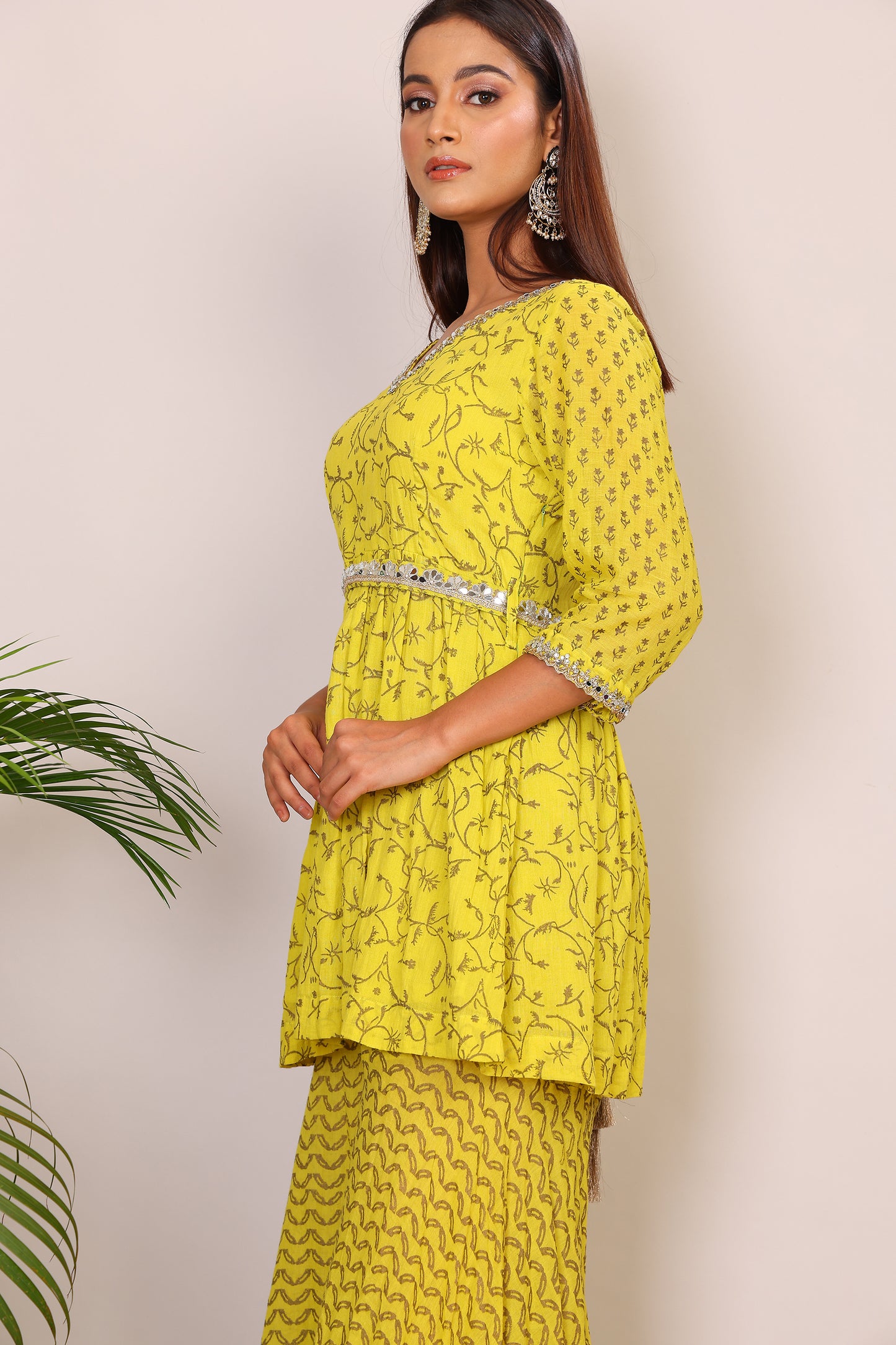 Lime hand block co-ord with belt embroidery