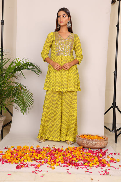 Lime hand block co-ord with Kundan embroidery