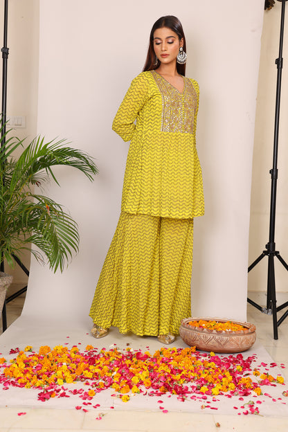 Lime hand block co-ord with Kundan embroidery