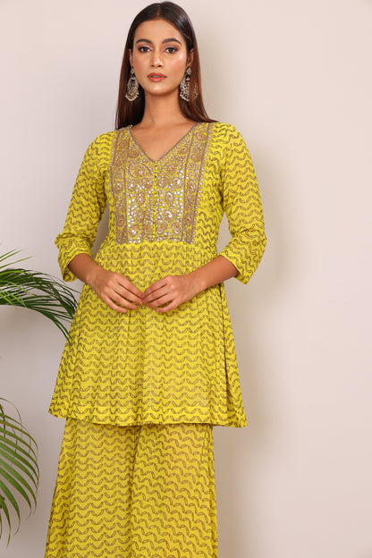 Lime hand block co-ord with Kundan embroidery