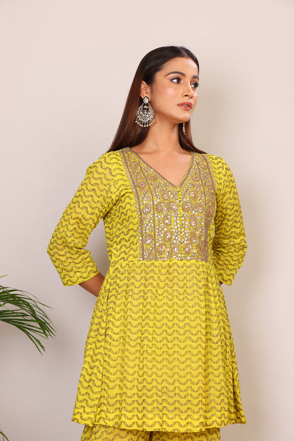 Lime hand block co-ord with Kundan embroidery