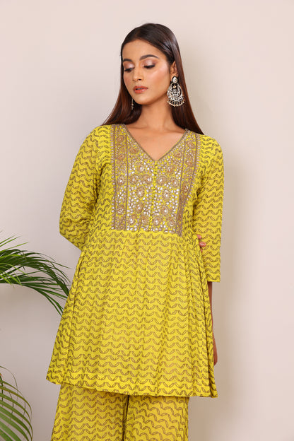 Lime hand block co-ord with Kundan embroidery