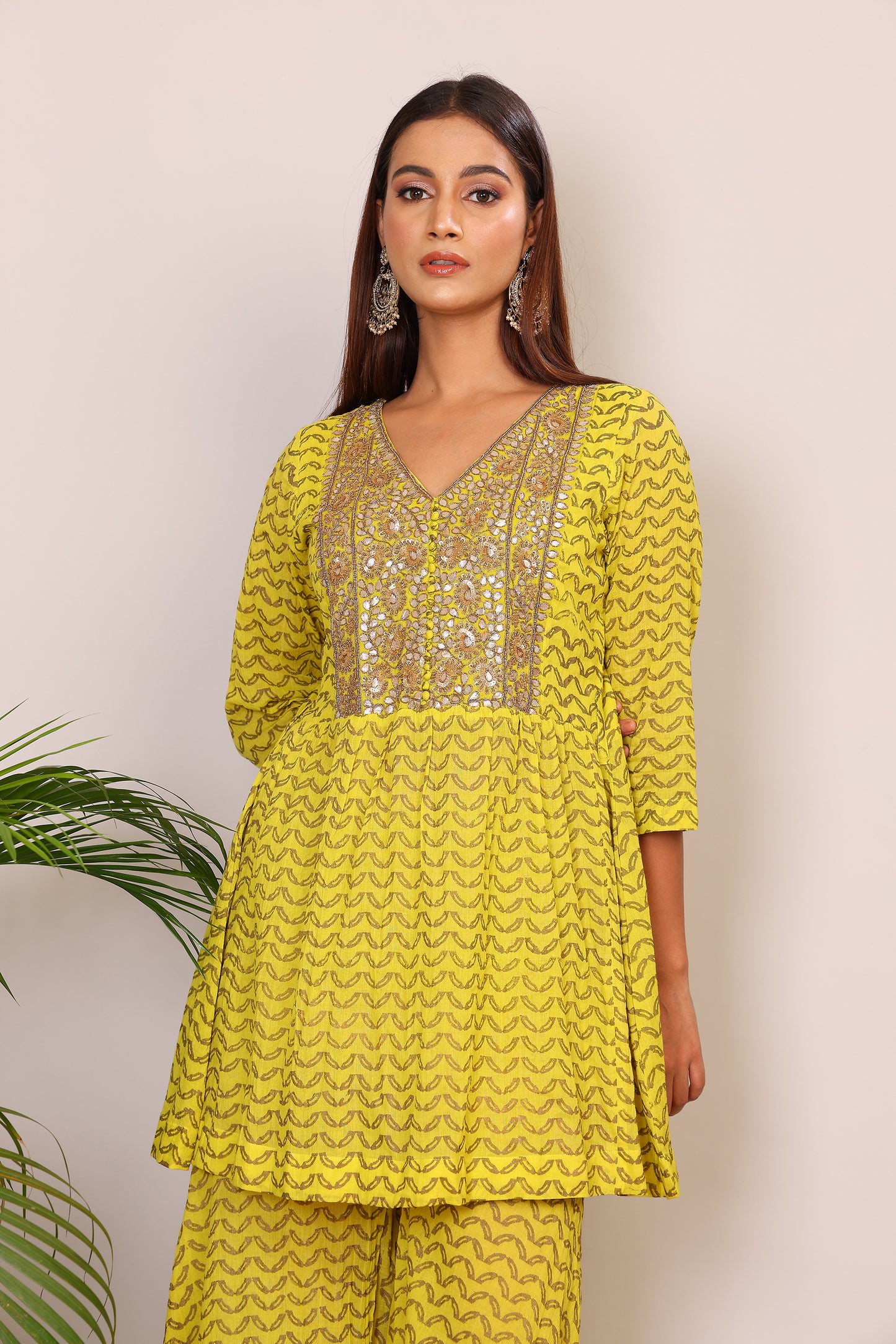 Lime hand block co-ord with Kundan embroidery