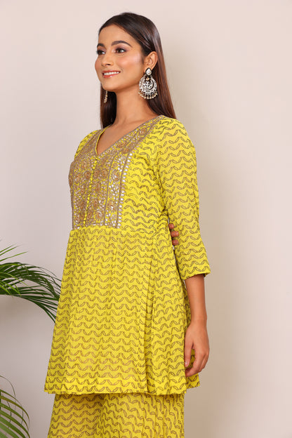 Lime hand block co-ord with Kundan embroidery