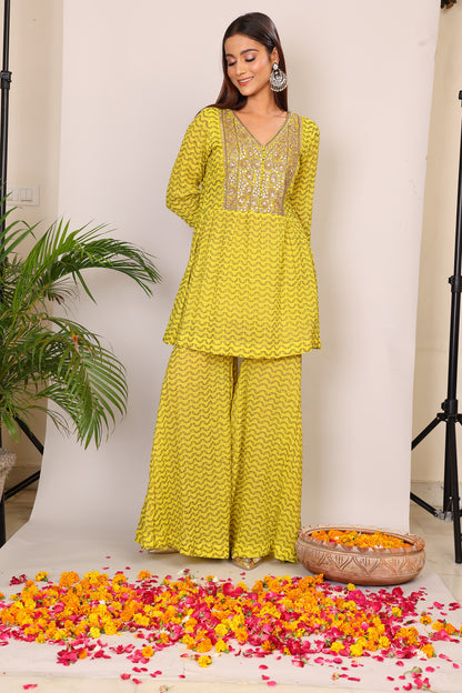 Lime hand block co-ord with Kundan embroidery