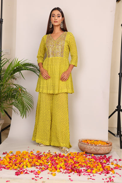 Lime hand block co-ord with Kundan embroidery