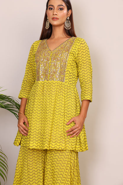 Lime hand block co-ord with Kundan embroidery