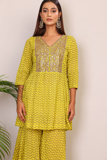 Lime hand block co-ord with Kundan embroidery