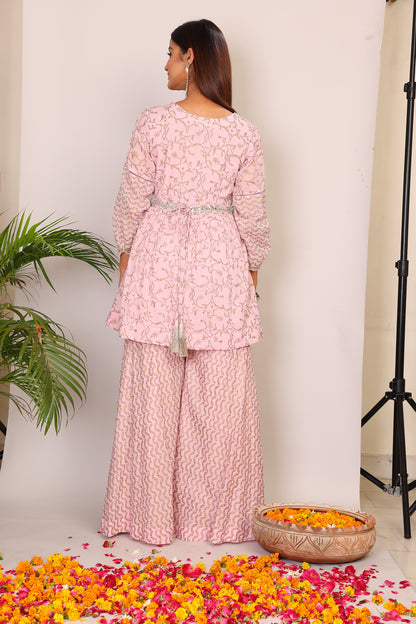 Blush hand block co-ord with belt embroidery