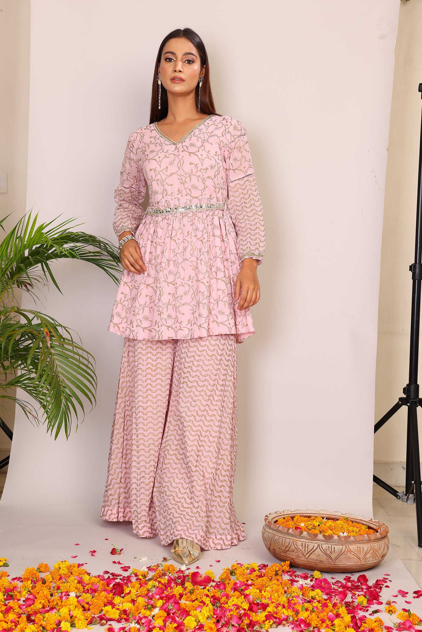 Blush hand block co-ord with belt embroidery