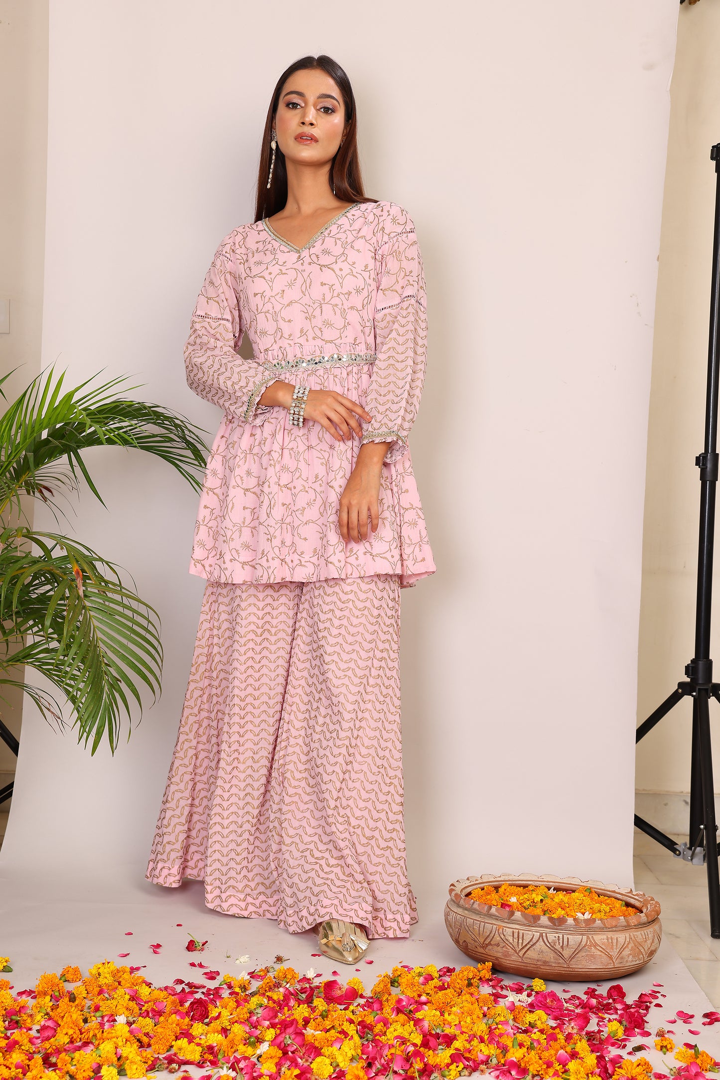 Blush hand block co-ord with belt embroidery