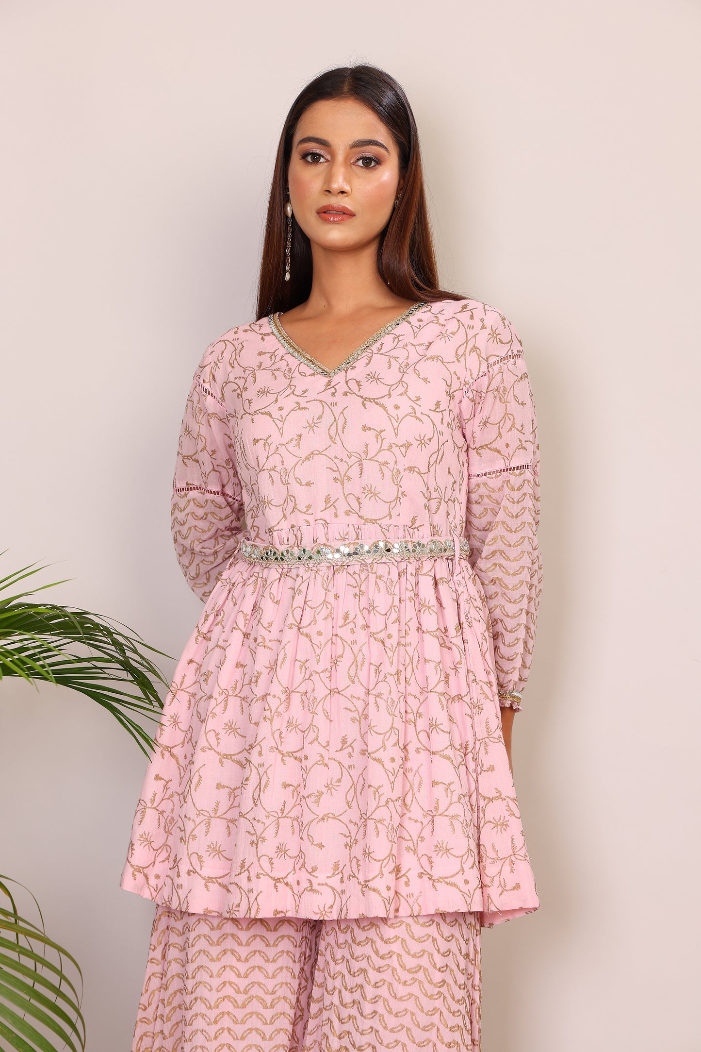 Blush hand block co-ord with belt embroidery