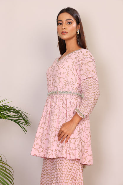 Blush hand block co-ord with belt embroidery