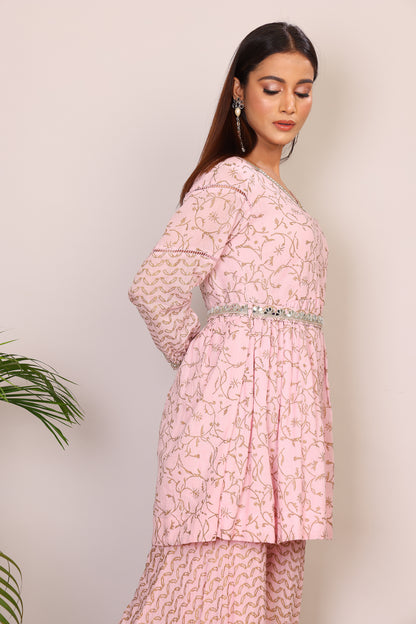 Blush hand block co-ord with belt embroidery