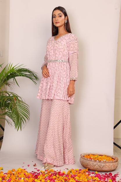 Blush hand block co-ord with belt embroidery