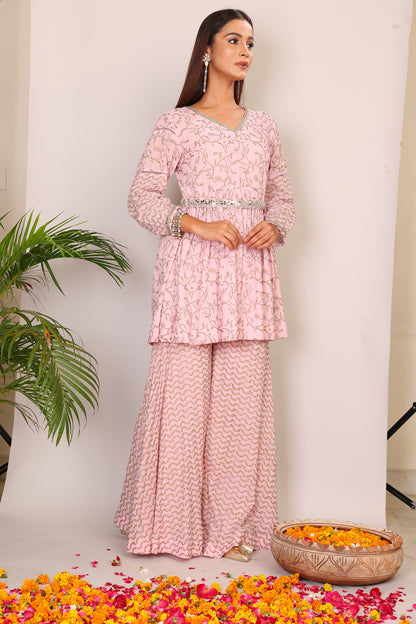 Blush hand block co-ord with belt embroidery