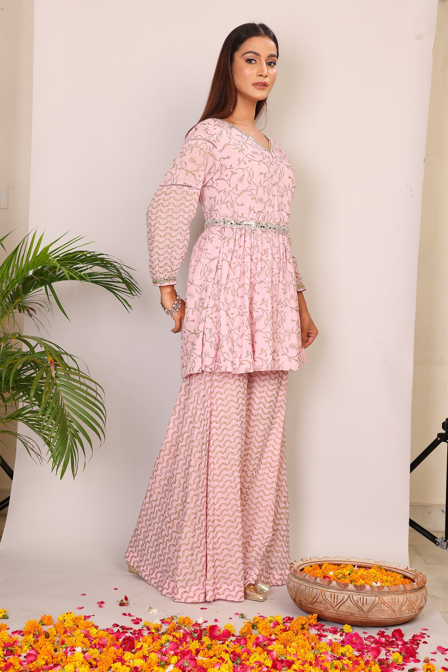 Blush hand block co-ord with belt embroidery