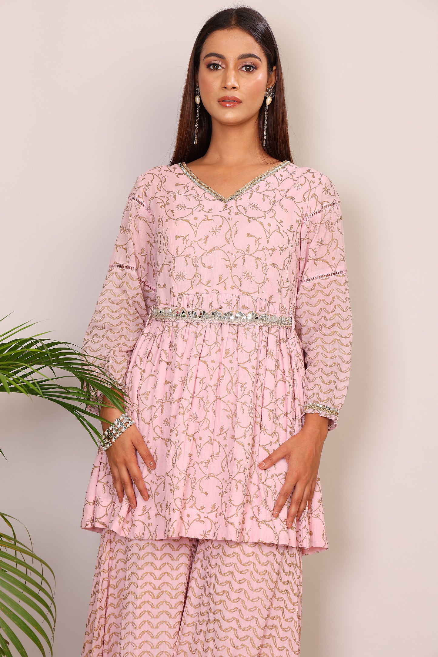 Blush hand block co-ord with belt embroidery