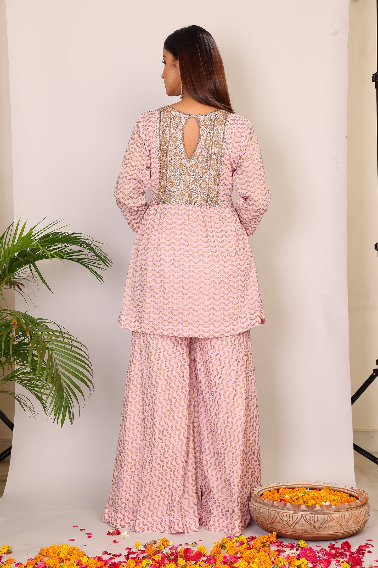 Blush hand block co-ord with Kundan embroidery