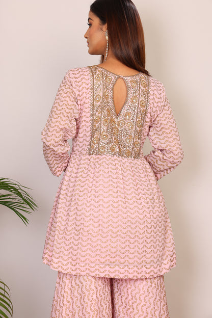 Blush hand block co-ord with Kundan embroidery