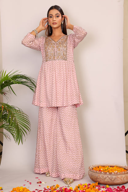 Blush hand block co-ord with Kundan embroidery